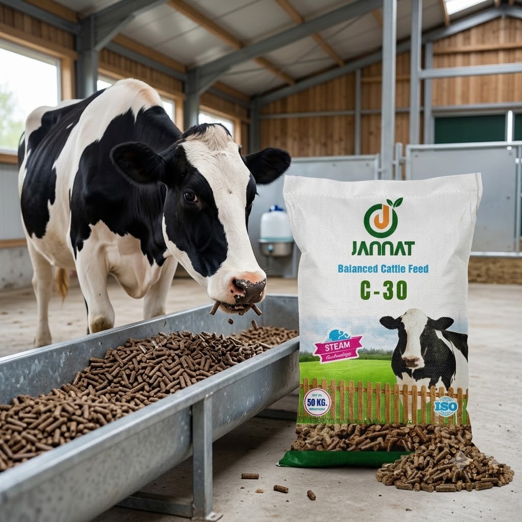 Dairy cow eating Jannat cattle feed pellets from a trough