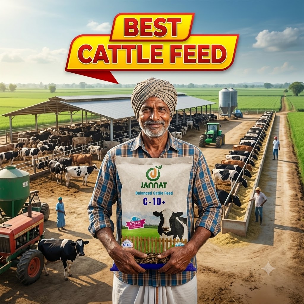Farmer holding a 50 kg bag of Jannat balanced cattle feed at a dairy farm